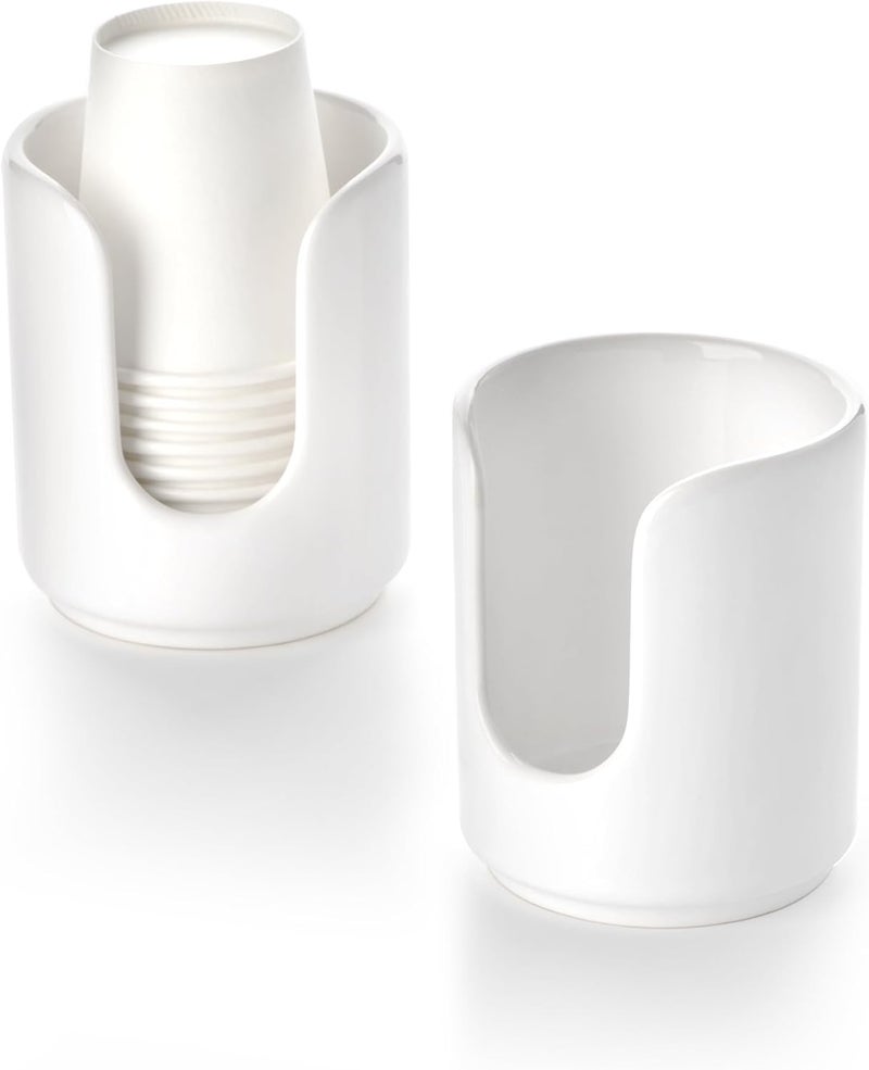 Viosuniu 3 oz Original Ceramic Bathroom Cup Dispenser with 5 PLA Paper Cups, Bathroom Essential Accessories for Mouthwash Holder on Bathroom Vanity Countertops (2 Pack, White) - Image 1